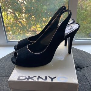 Black with gold detail suede slingback DKNY heels